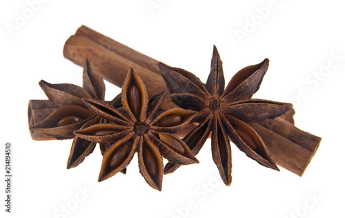 cinnamon stick and anise spices star isolated on white background