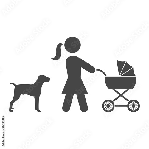 Mother with baby carriage walking with dog