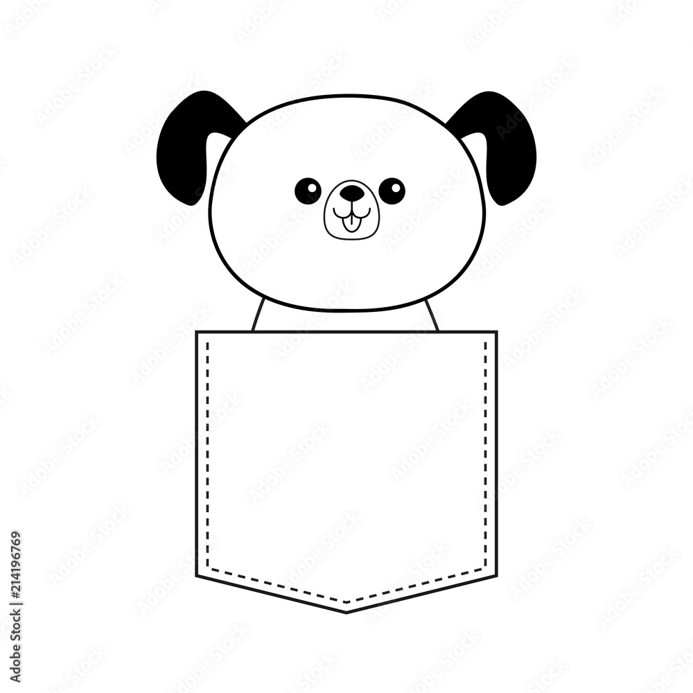 Cute dog in the pocket. Doodle contour linear sketch. Cartoon animals.  Puppy pooch character. Dash line. Pet animal. White and black color.  T-shirt design. Baby background. Flat Stock Vector | Adobe Stock