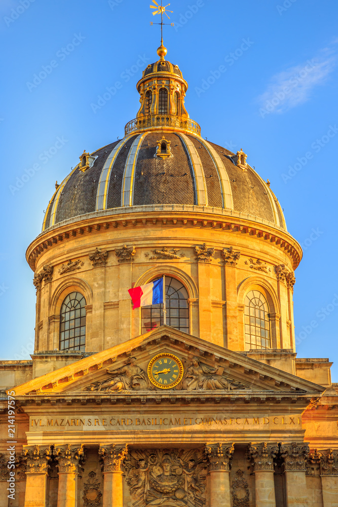 Details of central dome roof of Institut de France building, a French learned society group of five academies in Paris, France, Europe. Sunny day in the blue sky. Vertical shot.