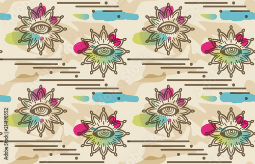 Seamless pattern with hypnosis eyes. Vector abstract background. Psyphodelic multicolored beige pattern.