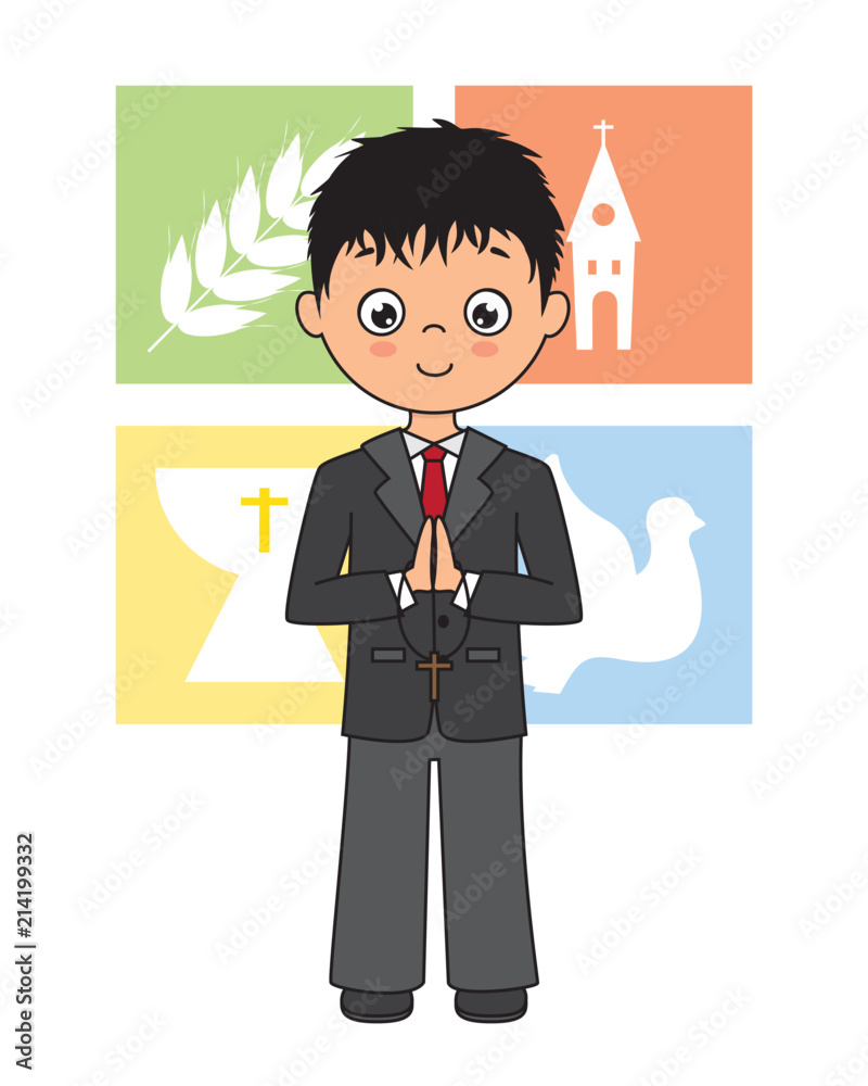 My first communion card. Praying boy with religious icons behind My first communion card. Praying boy with religious icons behind