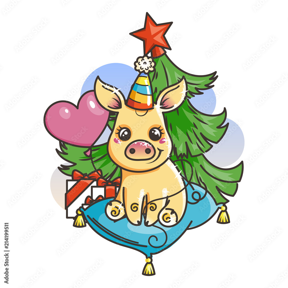 Happy New 2019 Year card with cartoon golden baby pig. Small symbol of holiday. Happy New 2019 Year card with cartoon golden baby pig. Small symbol of holiday.