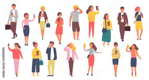 Man and woman characters with mobile phones. Crowd of people holding smartphones. Vector illustration