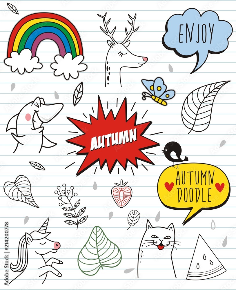 Set of cartoon autumn in doodle style isolated on paper background
