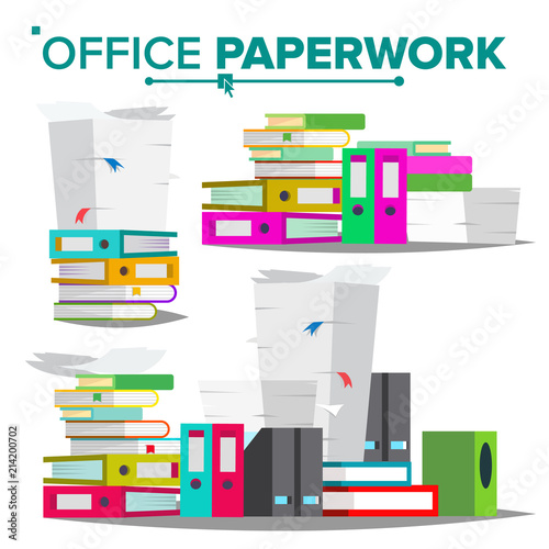 Stack Of Papers, File Folders Vector. Cluttered Documentation. Accounting Bureaucracy. Isolated Flat Illustration