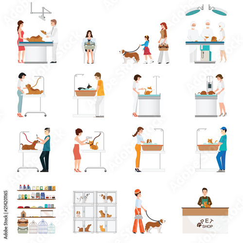 Modern pet shop and pet clinic with customer isolated on white.