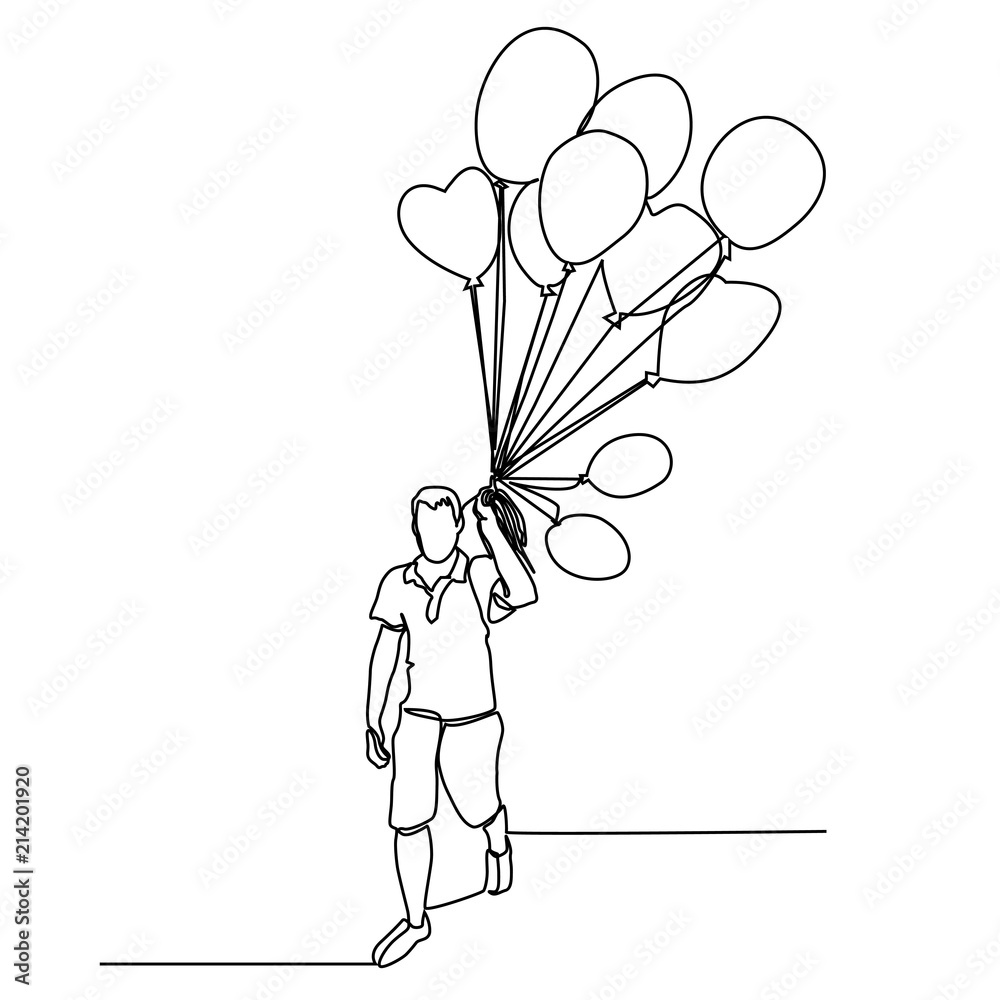 Man with bunch of balloons in hand. Continuous drawing with one line.  Vector. Stock Vector | Adobe Stock