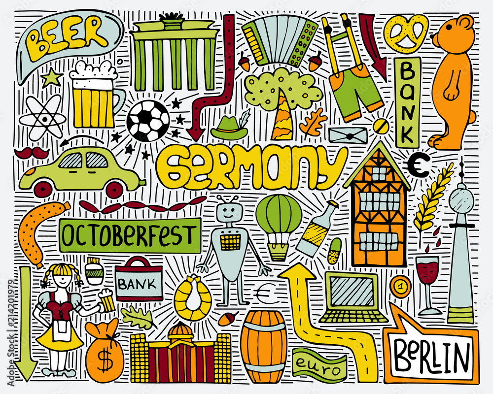 Doodle vector color poster with Germany symbols. Wall art.