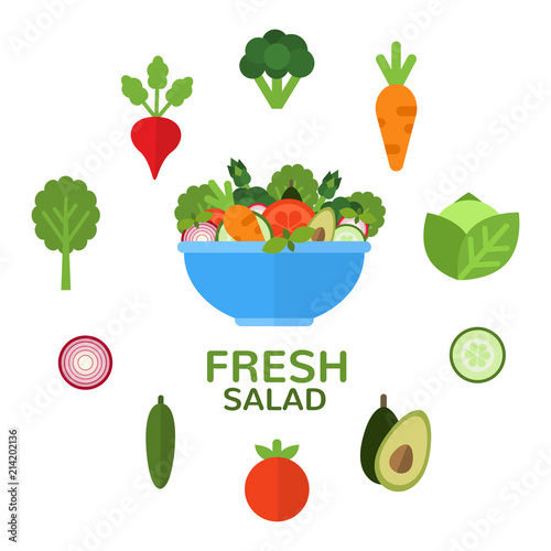 Fresh salad in bowl for vegetarian menu and healthy food advertising. Salad bar. Salad ingredients. Applicable food concept in flat style. Vector illustration