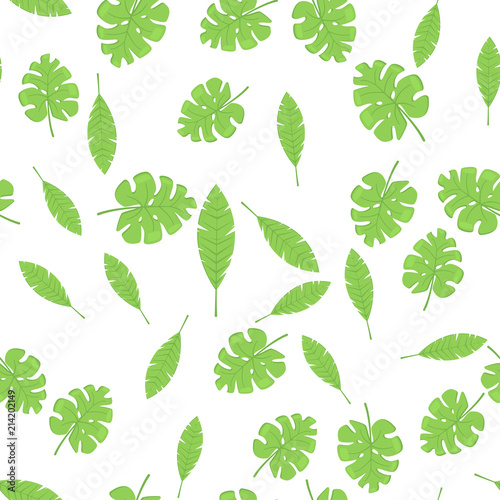 Exotic palm leaves, summer rainforest. Seamless tropic green pattern.