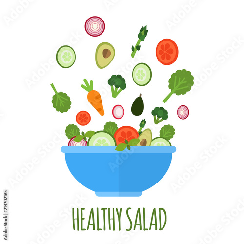 Salad with fresh vegetables in blue bowl. Healthy salad isolated on white background. Vegan menu. Food concept in flat style. Vector illustration