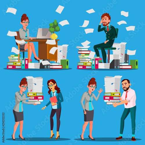 Business People Doing Paperwork Vector. Office Workers. Very Busy Day. To Excessive Work. Accounting Bureaucracy. Disorganized Manager. Documentation. Emotional Stress. Overworked. Illustration