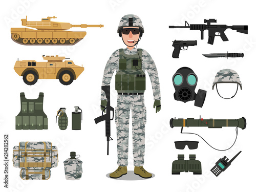 Army soldier character with military vehicle, weapons, military gear and equipment