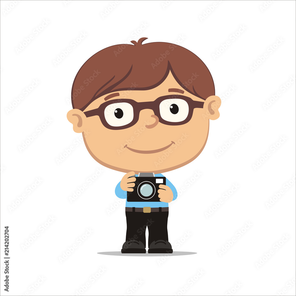 Vector illustration of boy-photographer with glasses holding camera in his hands, isolated on white background.