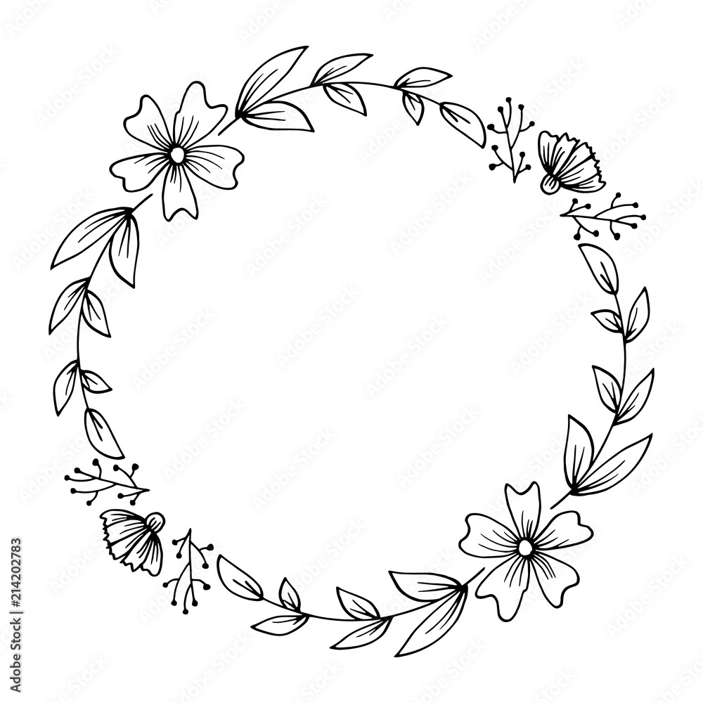 Floral frame composed in a circle. Hand drawn plants and flowers