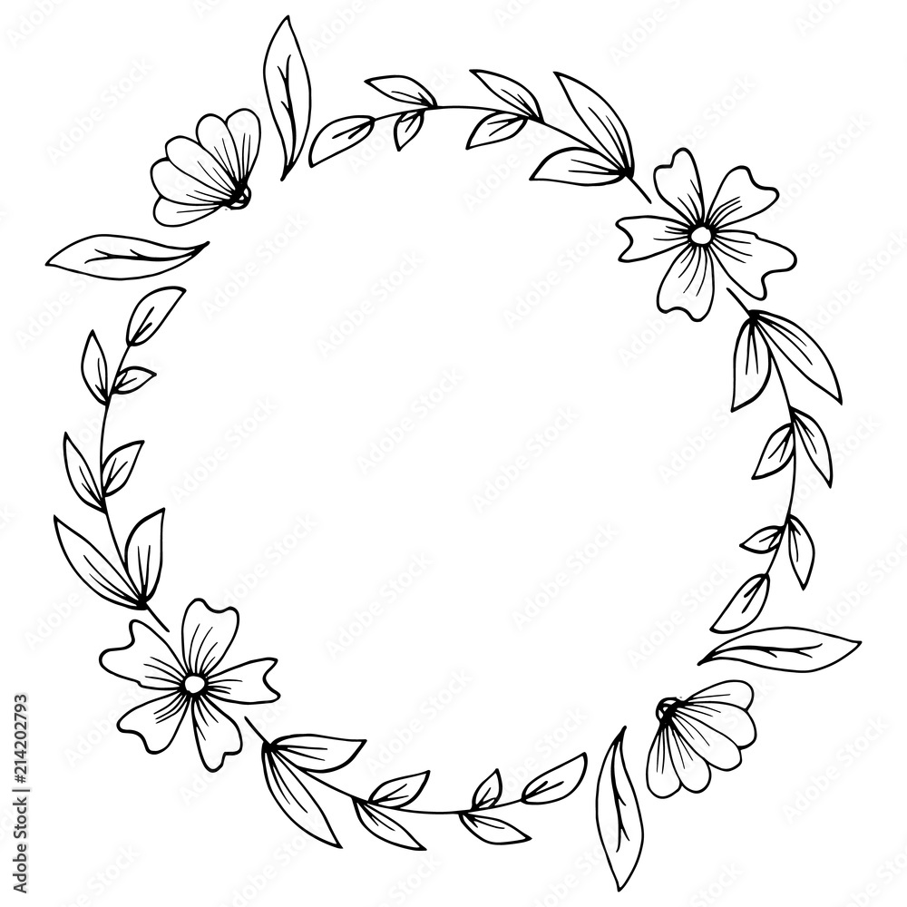 Floral frame composed in a circle. Hand drawn plants and flowers. Sketched style, monochrome vector illustration. Floral frame composed in a circle. Hand drawn plants and flowers. Sketched style, monochrome vector illustration.