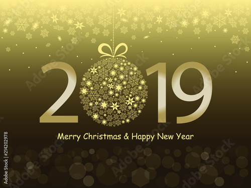 Merry Christmas and Happy New Year 2019 greeting gold design. Vector illustration with text, snowflakes and bokeh light