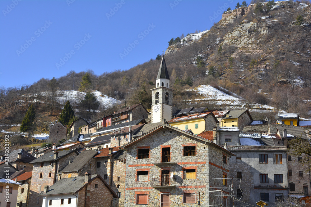 The hill village of Casso in winter Friuli Venezia Giulia, north east Italy.