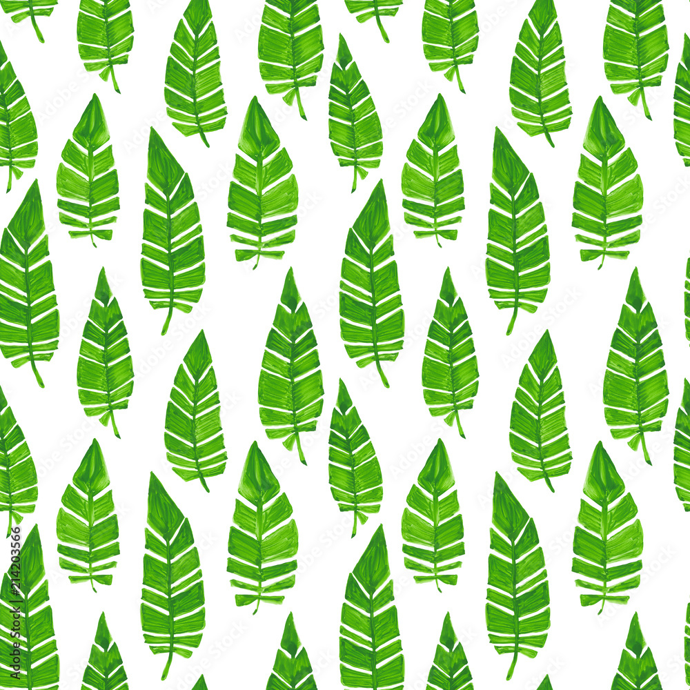 Hand drawn seamless gouache pattern with feathers in boho style. Green tropical leaves painting.