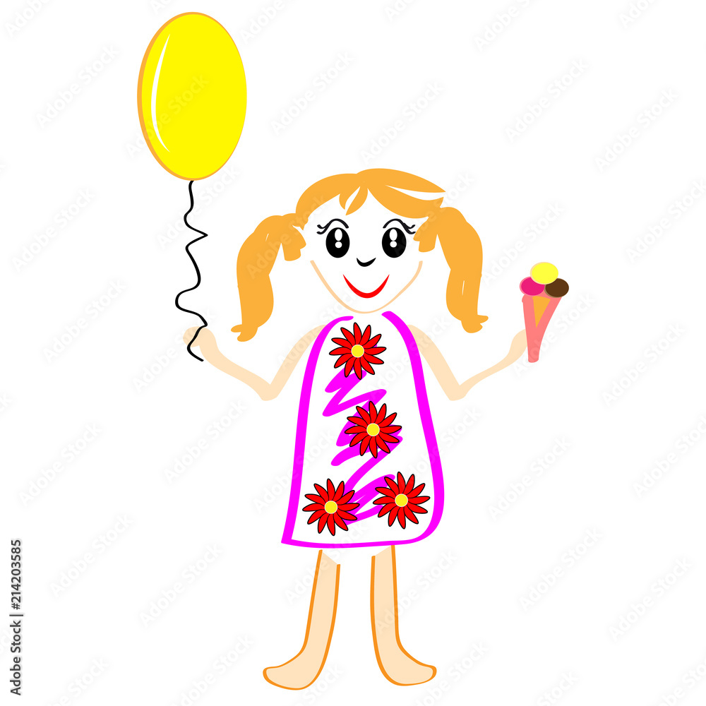 Girl with balloon and ice cream isolated on white background. Vector illustration. Girl with balloon and ice cream isolated on white background. Vector illustration.