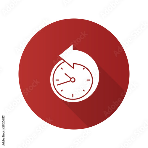 Back arrow around clock flat design long shadow glyph icon