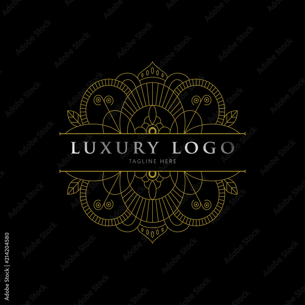 Fototapeta premium Luxury geometric mandala logo branding isolated on black background. elegant vector graphic.