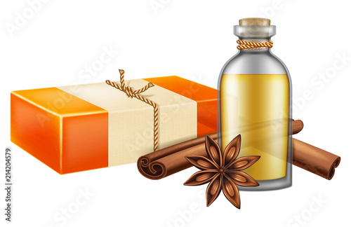 Natural handmade soap with anise star, cinnamon sticks and a glass flask of oil. Vector illustration.