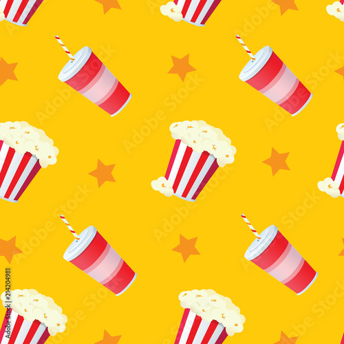 vector cartoon style popcorn and soda yellow seamless pattern