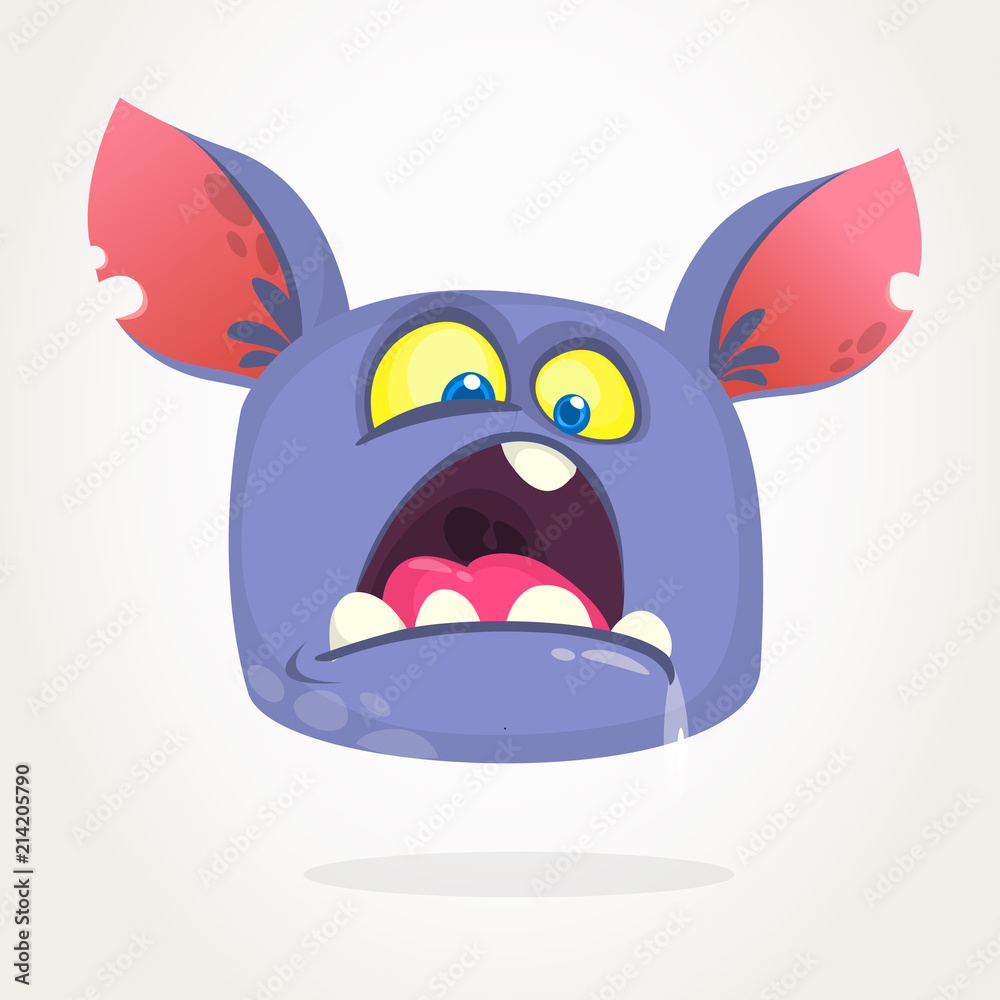 Cartoon blue monster with angry expression opened mouth full of saliva and big  ears. Vector illustration isolated for Halloween Stock Vector | Adobe Stock
