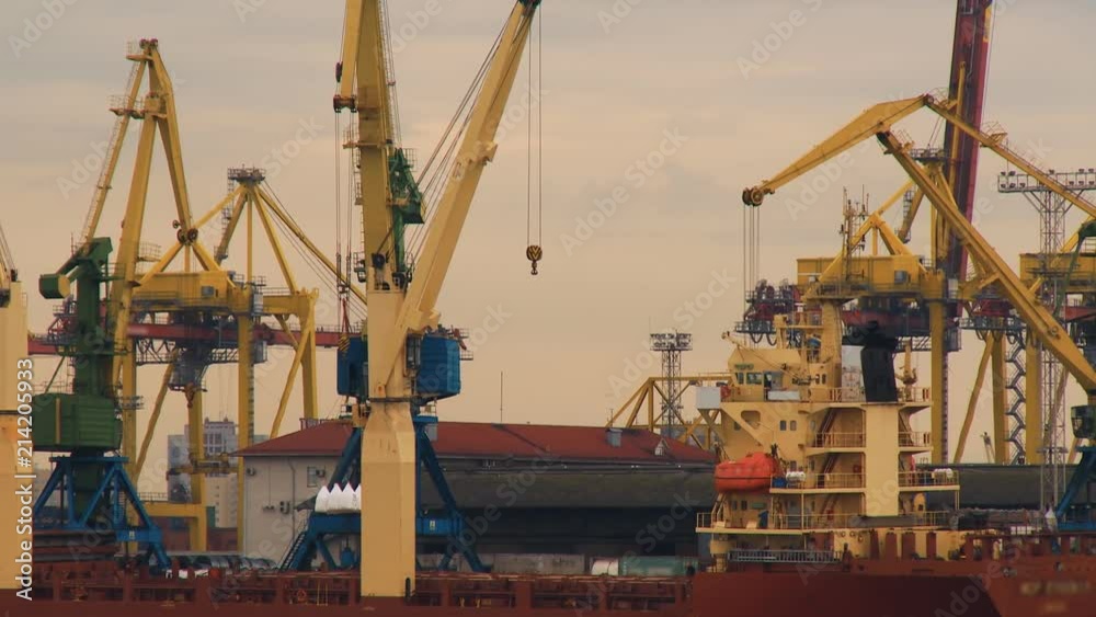 In the seaport, many cranes standing in a pier and unloaded the merchant ships In the seaport, many cranes standing in a pier and unloaded the merchant ships