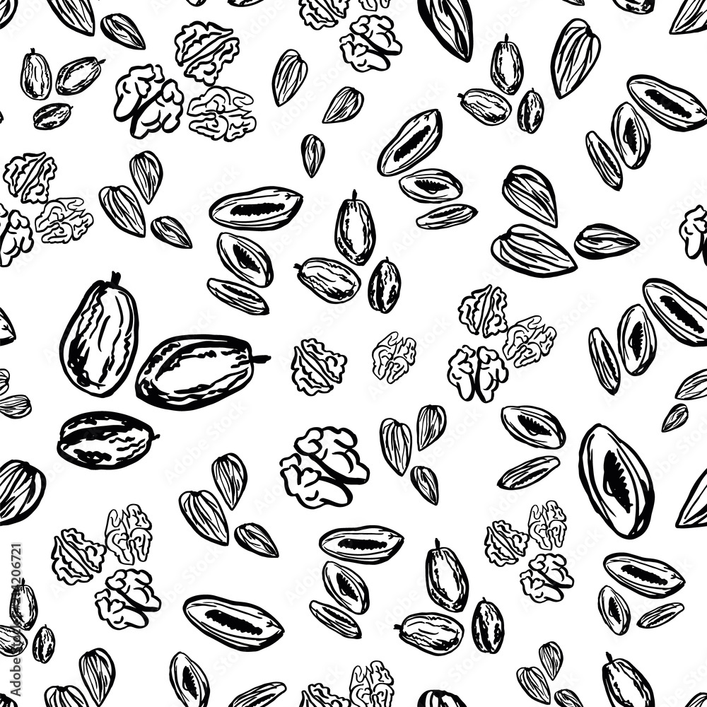 Pattern with dried plums and apricots with almonds and walnuts on white background Pattern with dried plums and apricots with almonds and walnuts on white background