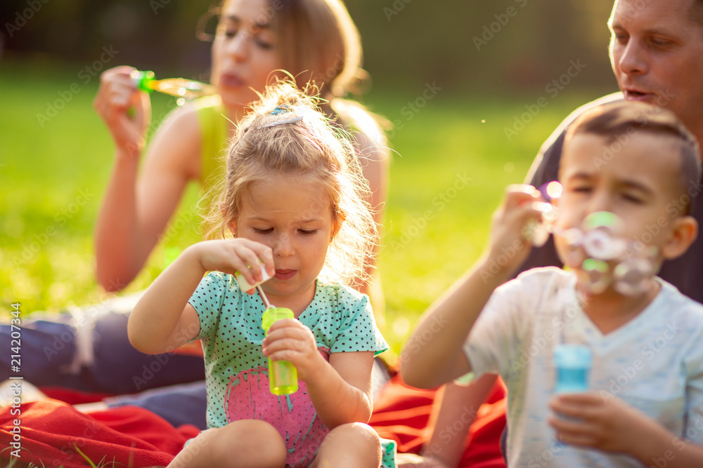 little girl blows soap bubbles with her family in the park.