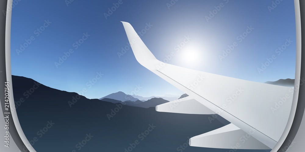 View from the airplane window. Mountain landscape. Panorama high above the mountains. Realistic vector illustration. View from the airplane window. Mountain landscape. Panorama high above the mountains. Realistic vector illustration.