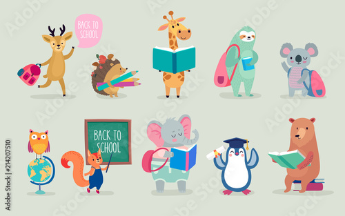 Fototapeta Naklejka Na Ścianę i Meble -  Back to school Animals hand drawn style, education theme. Cute characters. Bear, sloth, penguin, elephant, and others.