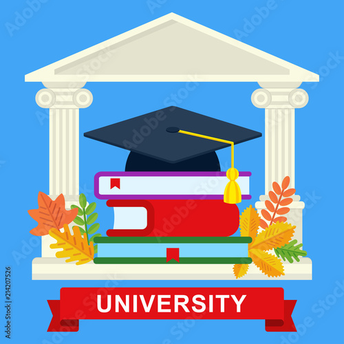 Mortarboard on a pile of books in university knowledge. Symbol of higher education and schooling. Poster for advertising educational institutions, courses and trainings. Flat illustration.