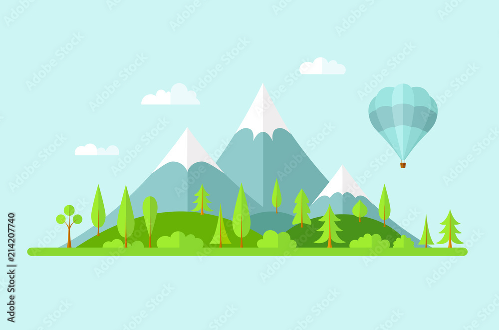 Fototapeta premium Vector summer landscape. Panorama with mountains of forest, hills and a balloon. Banner in the flat style on the theme of travel and green tourism.