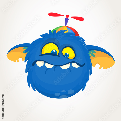 Cartoon blue monster wearing funny hat. Vector illustration isolated