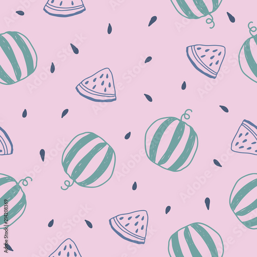 Hand drawn vector seamless pattern with watermelons and watermelon slices. Tropical summer fruit illustration in pink colors.
