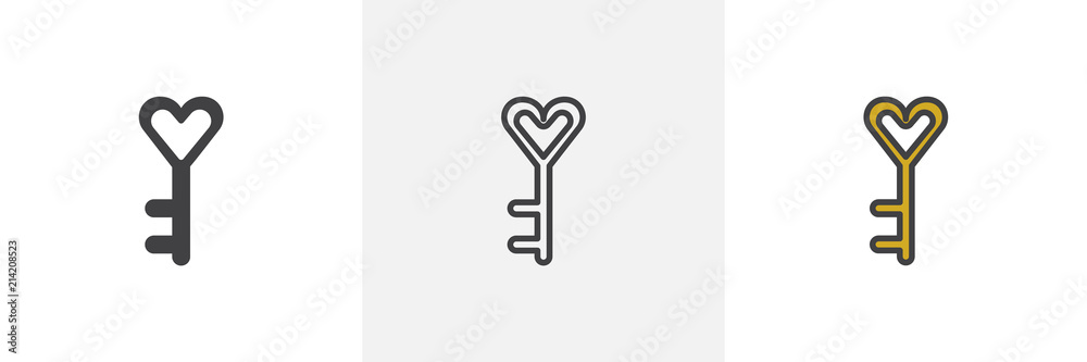 Heart key icon. Line, solid and filled outline colorful version, outline and filled vector sign. Love symbol, logo illustration. Different style icons set. Pixel perfect vector graphics Heart key icon. Line, solid and filled outline colorful version, outline and filled vector sign. Love symbol, logo illustration. Different style icons set. Pixel perfect vector graphics
