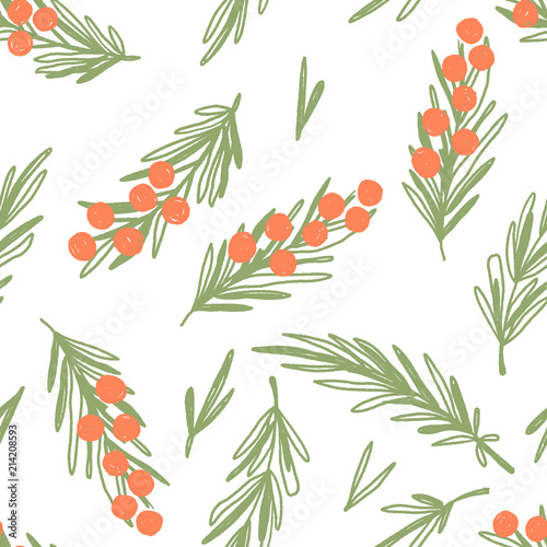 Hand drawn seamless vector pattern with sea-buckthorn berries and branches. Cute summer illustration in naive style, in white, orange and green colors. For surface design, wrapping paper and fabric.