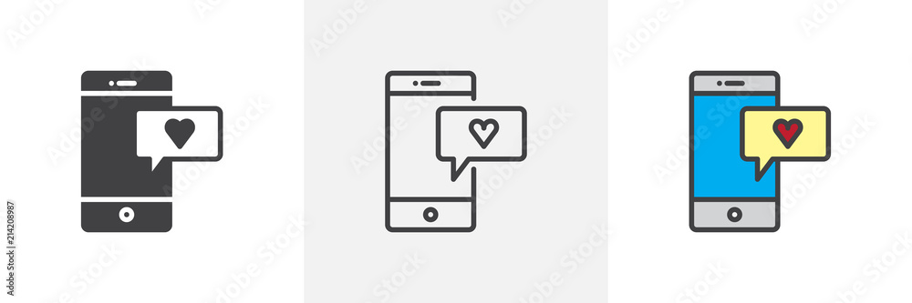 Smartphone with heart message icon. Line, solid and filled outline colorful version, outline and filled vector sign. Love chat symbol, logo illustration. Different style icons set. Pixel perfect Smartphone with heart message icon. Line, solid and filled outline colorful version, outline and filled vector sign. Love chat symbol, logo illustration. Different style icons set. Pixel perfect