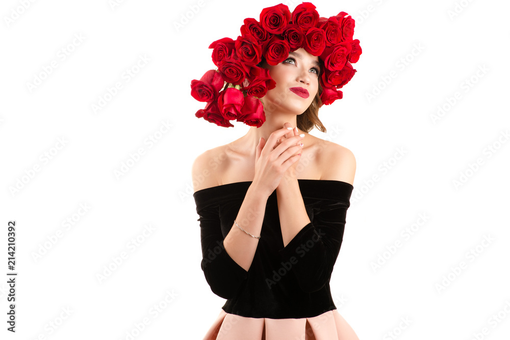 beautiful slender girl with roses on head