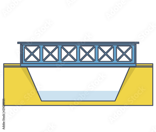 Vector train bridge in side view and isolated on white background. Industrial 2d transportation building. Metallic bridge architecture. Railway bridge with rails. Assembled riveted bridge construction