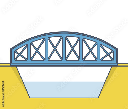 Vector arched train bridge in side view and isolated on white background. Industrial transportation building. Metallic bridge architecture. Outlined railway arc bridge. Assembled bridge construction