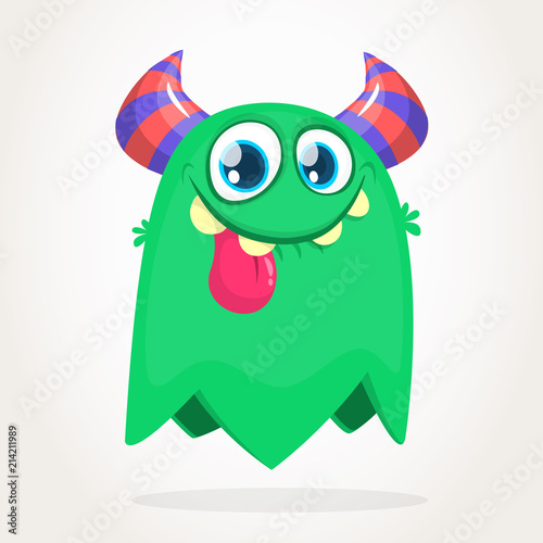 Cartoon green monster. Vector Halloween illustration of a green horned monster with long tongue. 