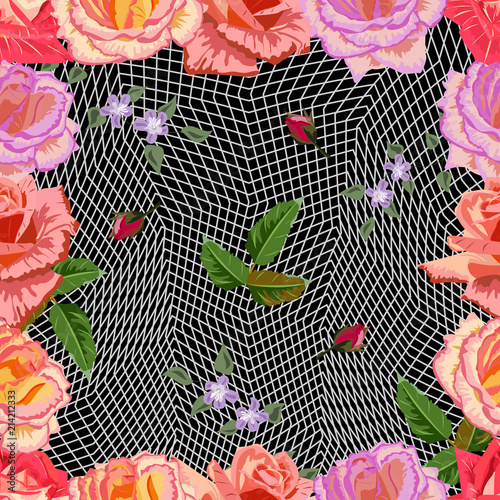 Fototapeta Naklejka Na Ścianę i Meble -  Seamless pattern with beautiful delicate roses on mesh background. Flower background for textile, cover, wallpaper, gift packaging, printing.Romantic design for calico, silk.