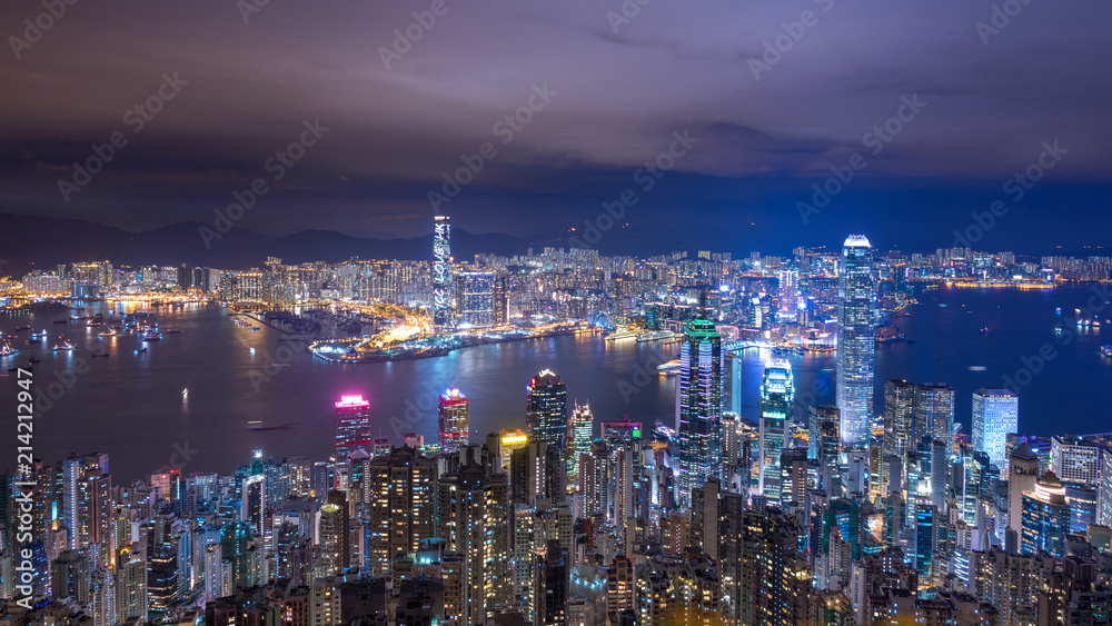 Hong Kong city skyline view at night from The Peak