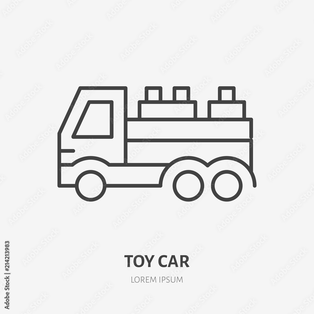 Toy car line icon, truck flat logo. Developing play vector illustration. Sign for kids shop. Toy car line icon, truck flat logo. Developing play vector illustration. Sign for kids shop.