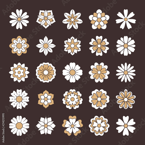 Fototapeta Naklejka Na Ścianę i Meble -  Doodle flowers set, white gold color. Beautiful floral design elements for wedding card. Zentangle backdrop, summer flower drawing. Cute silhouette illustration.